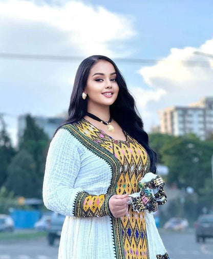 Golden Yellow Axum Fetil Ethiopian Dress | Modern Habesha Kemis - EthGebya