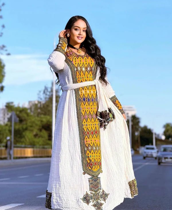 Golden Yellow Axum Fetil Ethiopian Dress | Modern Habesha Kemis - EthGebya