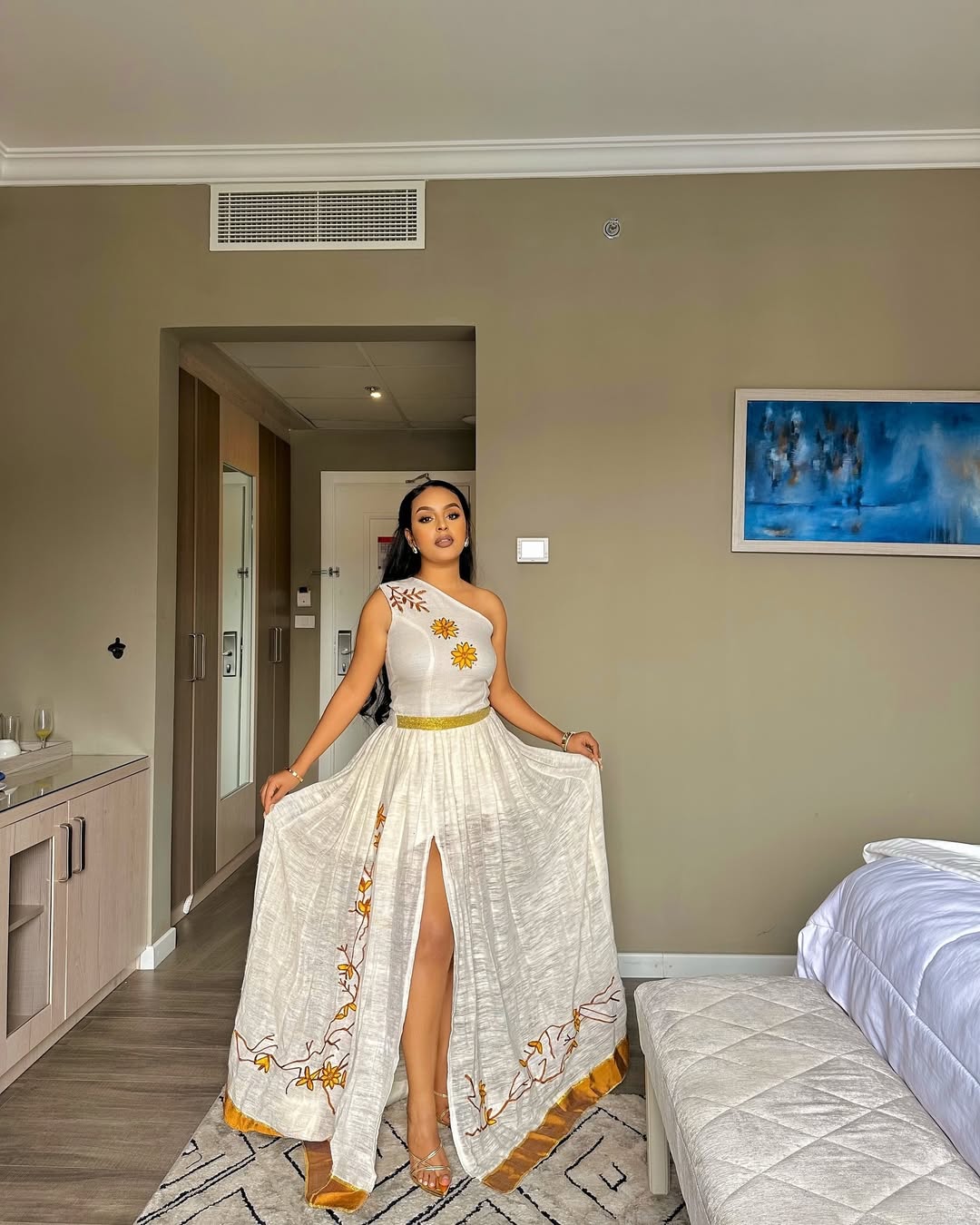 Golden Yellow Modern Habesha Dress | Elegant Sheer Ethiopian Kemis - EthGebya