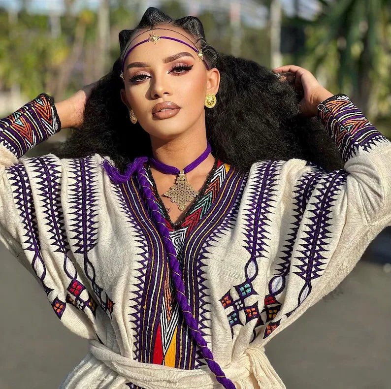 Gondar Fetil Ethiopian Purple Dress | Amhara Traditional Kemis - EthGebya