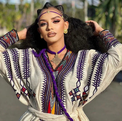 Gondar Fetil Ethiopian Purple Dress | Amhara Traditional Kemis - EthGebya