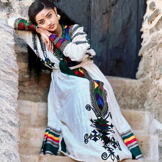 Gondar Habesha Dress | Handwoven Ethiopian Cotton & Embroidery - EthGebya