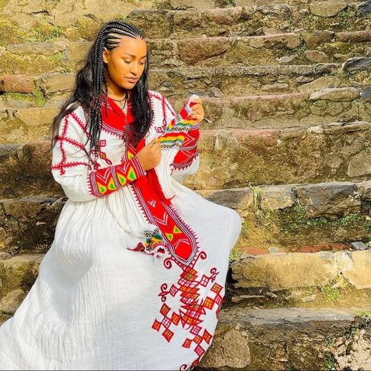 Gondar Habesha Kemis | White & Red Ethiopian Traditional Dress - EthGebya