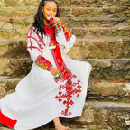 Gondar Habesha Kemis | White & Red Ethiopian Traditional Dress - EthGebya