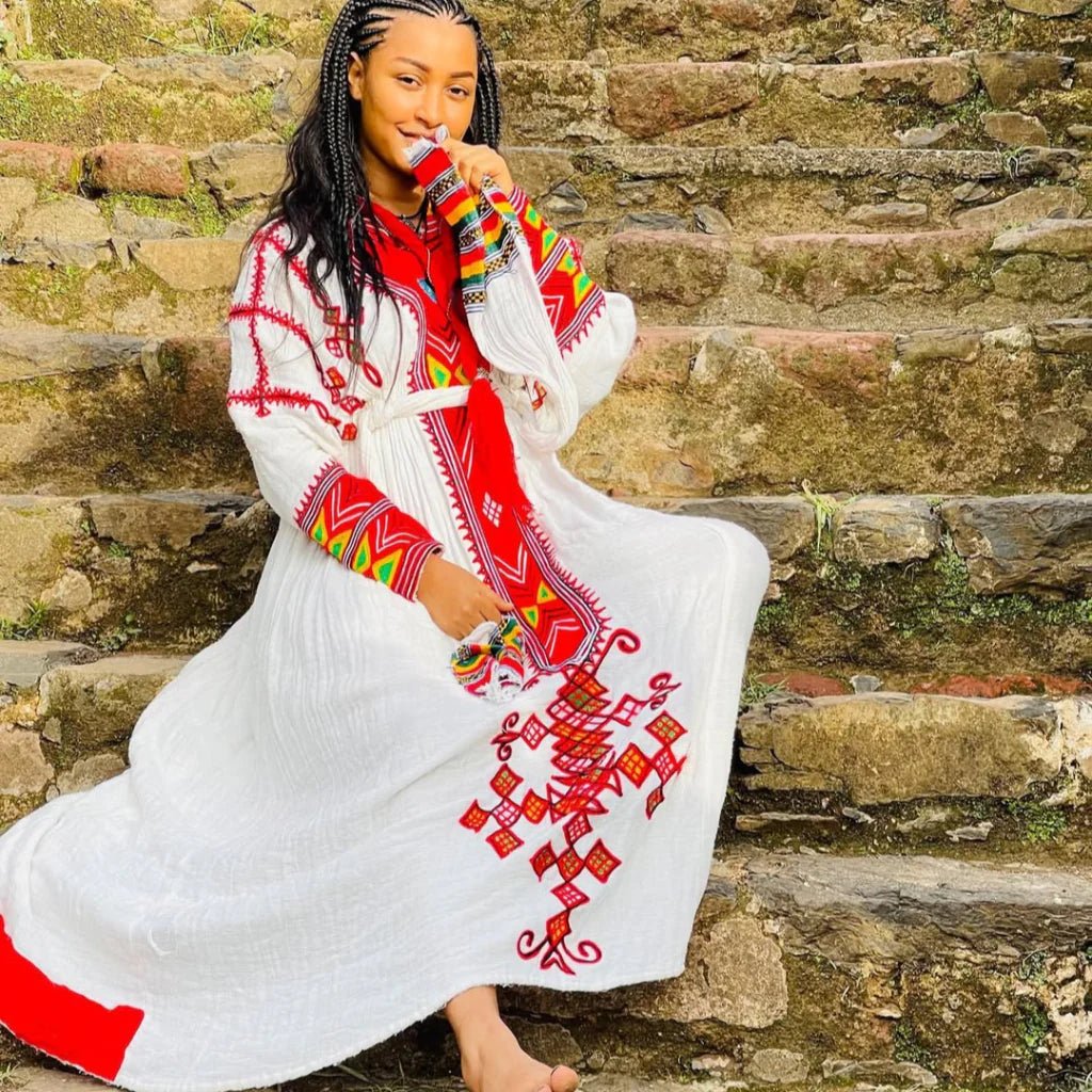 Gondar Habesha Kemis | White & Red Ethiopian Traditional Dress - EthGebya