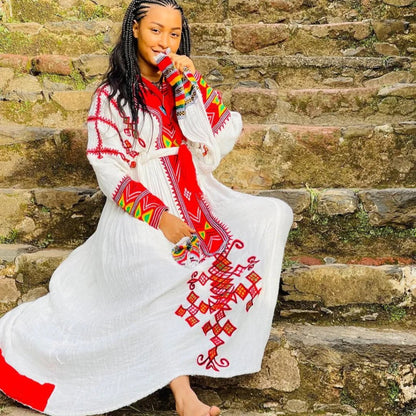 Gondar Habesha Kemis | White & Red Ethiopian Traditional Dress - EthGebya