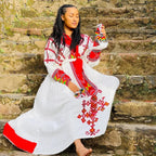 Gondar Habesha Kemis | White & Red Ethiopian Traditional Dress - EthGebya