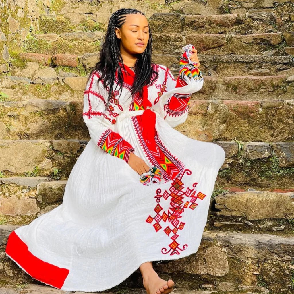 Gondar Habesha Kemis | White & Red Ethiopian Traditional Dress - EthGebya
