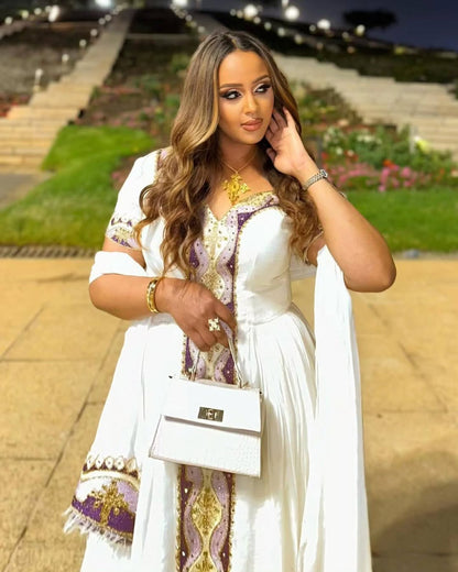 Gorgeous Habesha Kemis Purple & Gold Embroidery | Ethiopian Zuria Dress - EthGebya