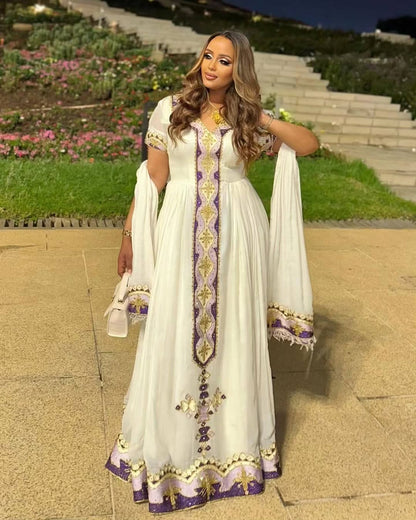 Gorgeous Habesha Kemis Purple & Gold Embroidery | Ethiopian Zuria Dress - EthGebya