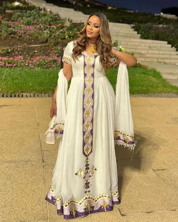 Gorgeous Habesha Kemis Purple & Gold Embroidery | Ethiopian Zuria Dress - EthGebya