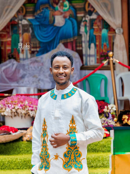 Green and Yellow Habesha Shirt | Modern Ethiopian Men’s Wear - EthGebya