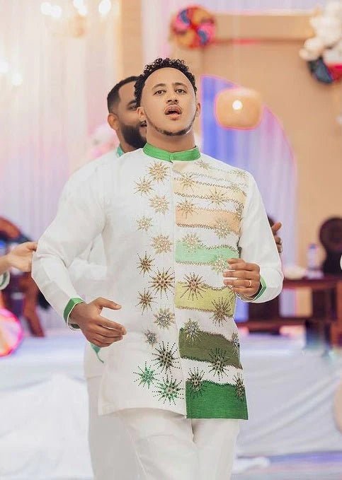 Green Habesha Men’s Shirt | Modern Ethiopian Wedding Outfit - EthGebya