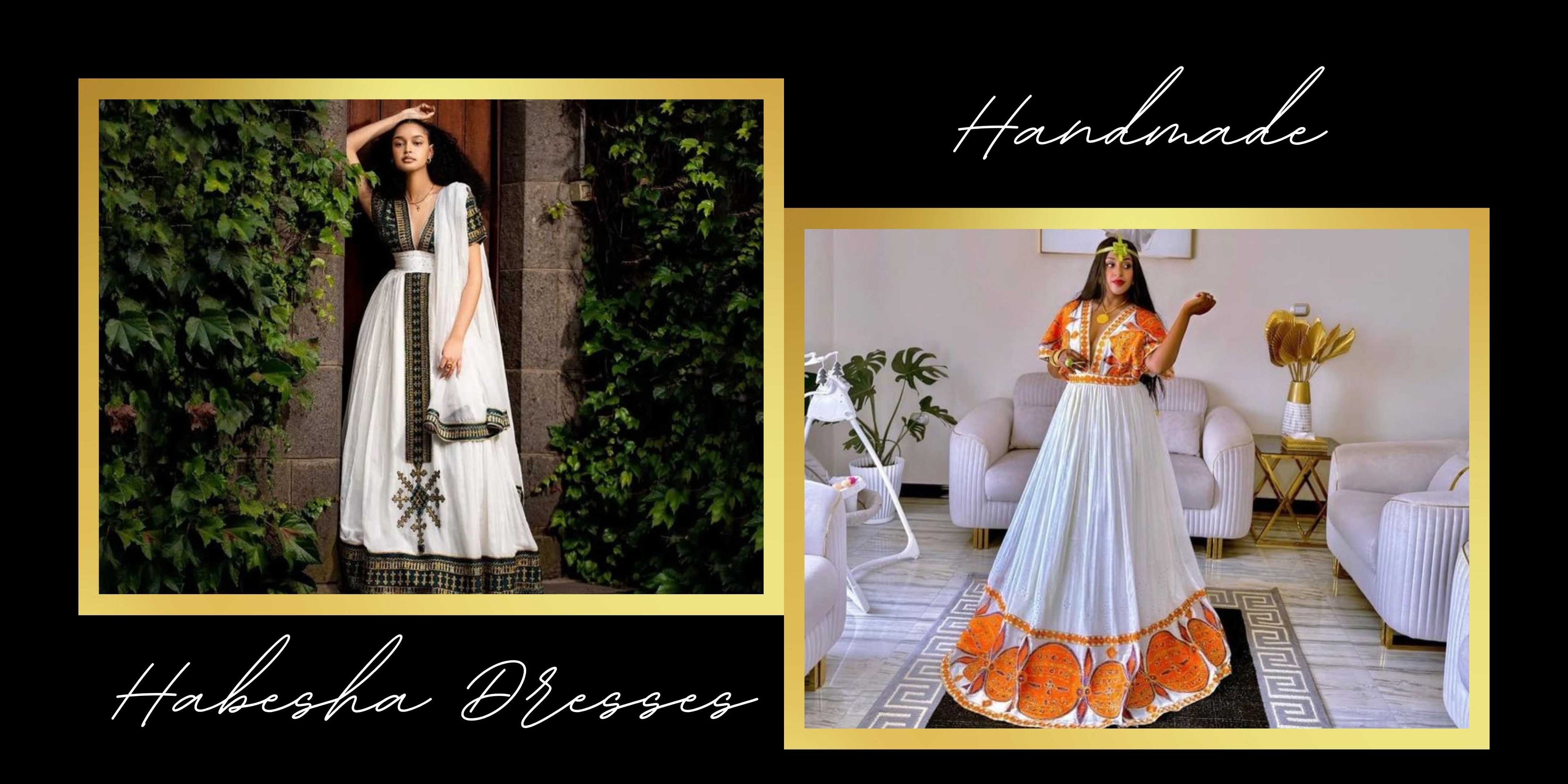 Two images of a woman wearing a white dress with orange patterns, with 'Hakesha Dresses' branding.