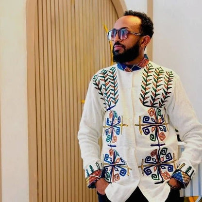 Handmade Habesha Men’s Shirt | Leafy Embroidery Ethiopian Shirt - EthGebya