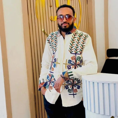 Handmade Habesha Men’s Shirt | Leafy Embroidery Ethiopian Shirt - EthGebya