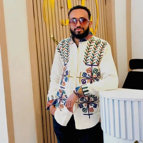 Handmade Habesha Men’s Shirt | Leafy Embroidery Ethiopian Shirt - EthGebya