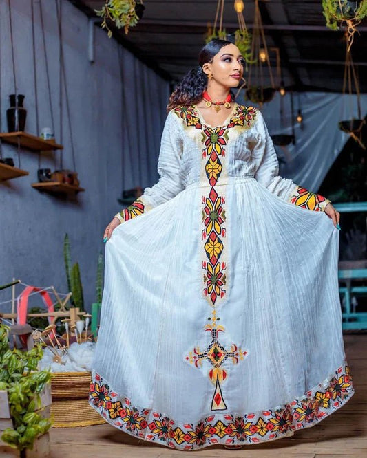 Handwoven Habesha Zuria Kemis | Exquisite Ethiopian Traditional Dress - EthGebya