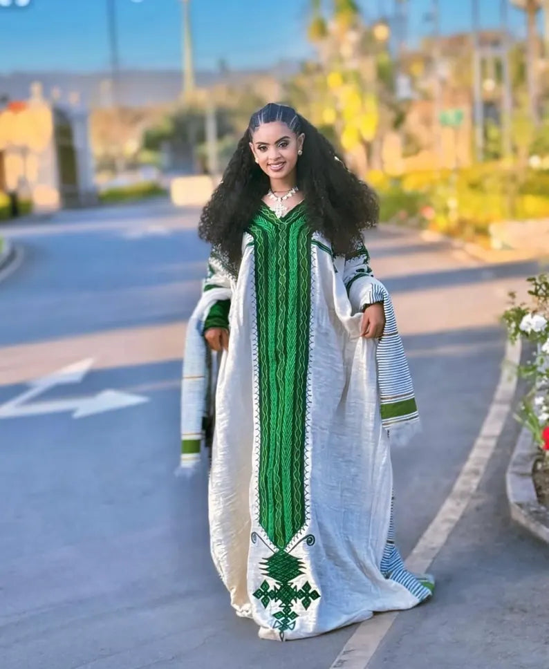 Modern Green Ethiopian & Eritrean Axum Habesha Dress Handwoven Kemis Ethgebya