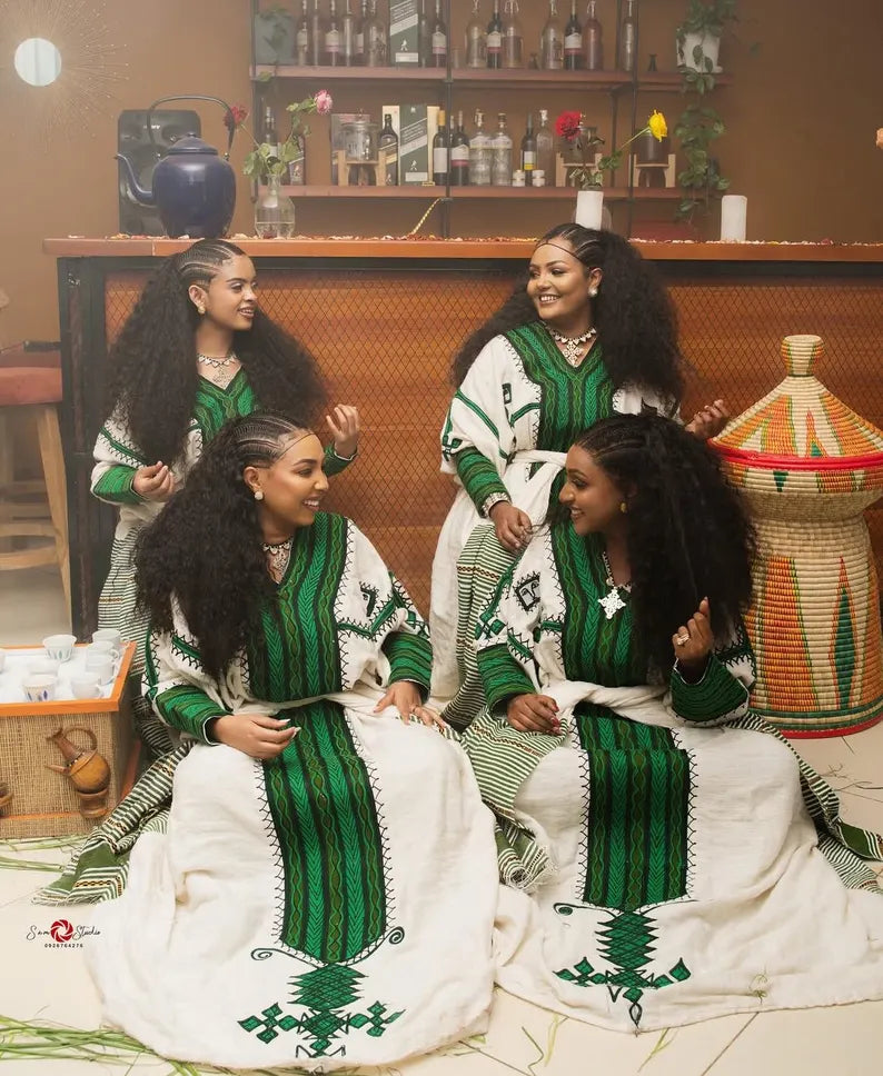 Modern Green Ethiopian & Eritrean Axum Habesha Dress Handwoven Kemis Ethgebya