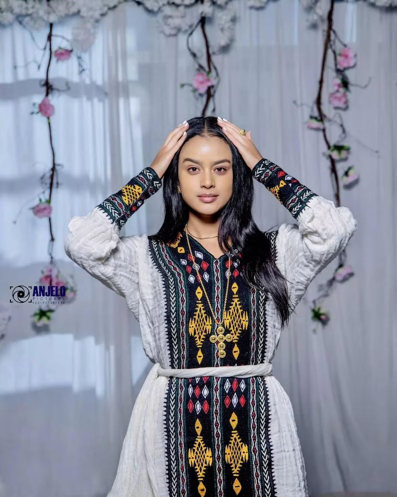 Axum Fetil Habesha ቀሚስ – Handwoven Tibeb Ethiopian & Eritrean Gown
