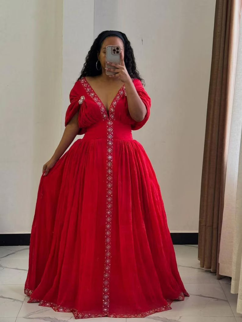 Cultural Habesha Fetil Kemis For Women, New Green Tilet Eritrean & Ethiopian Traditional Dress