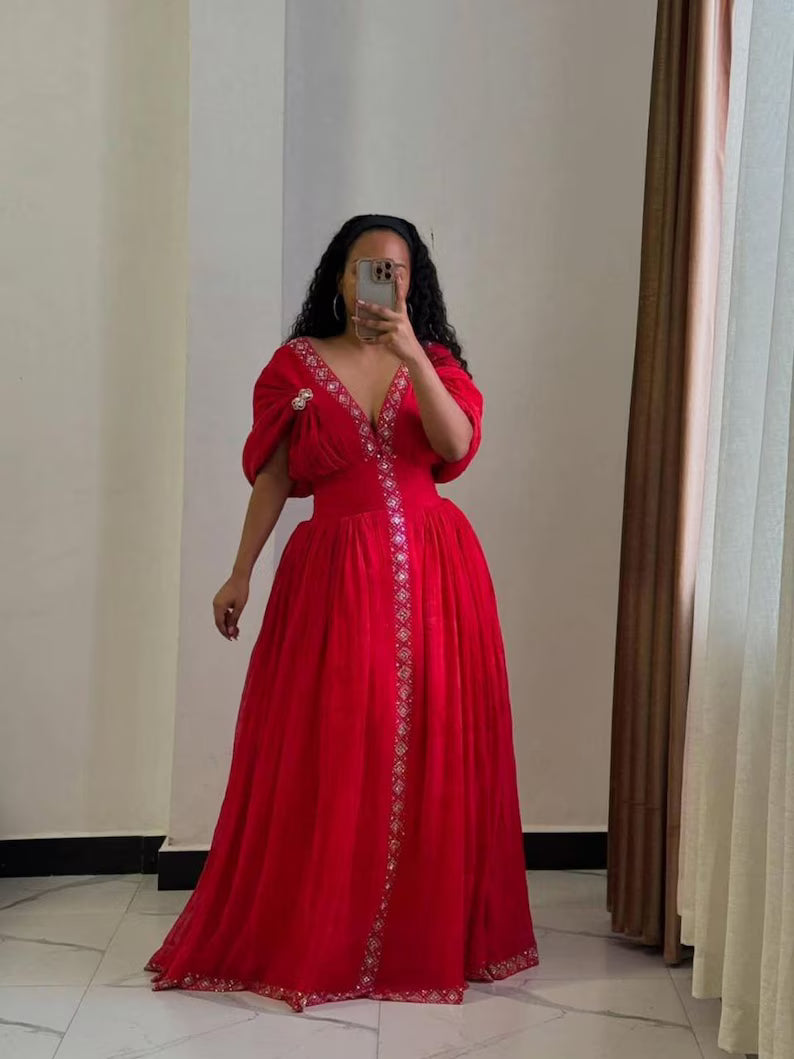 Cultural Habesha Fetil Kemis For Women, New Green Tilet Eritrean & Ethiopian Traditional Dress