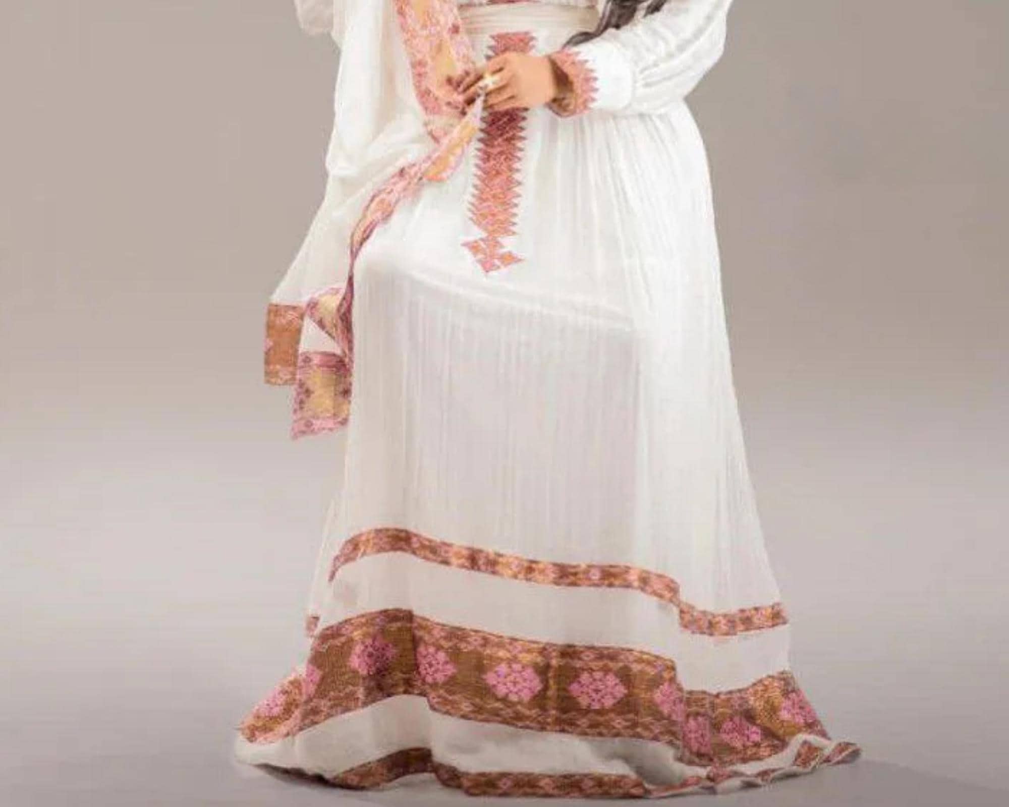 Handmade Ethiopian Cotton Dress: Habesha Kemis, Traditional Embroidery