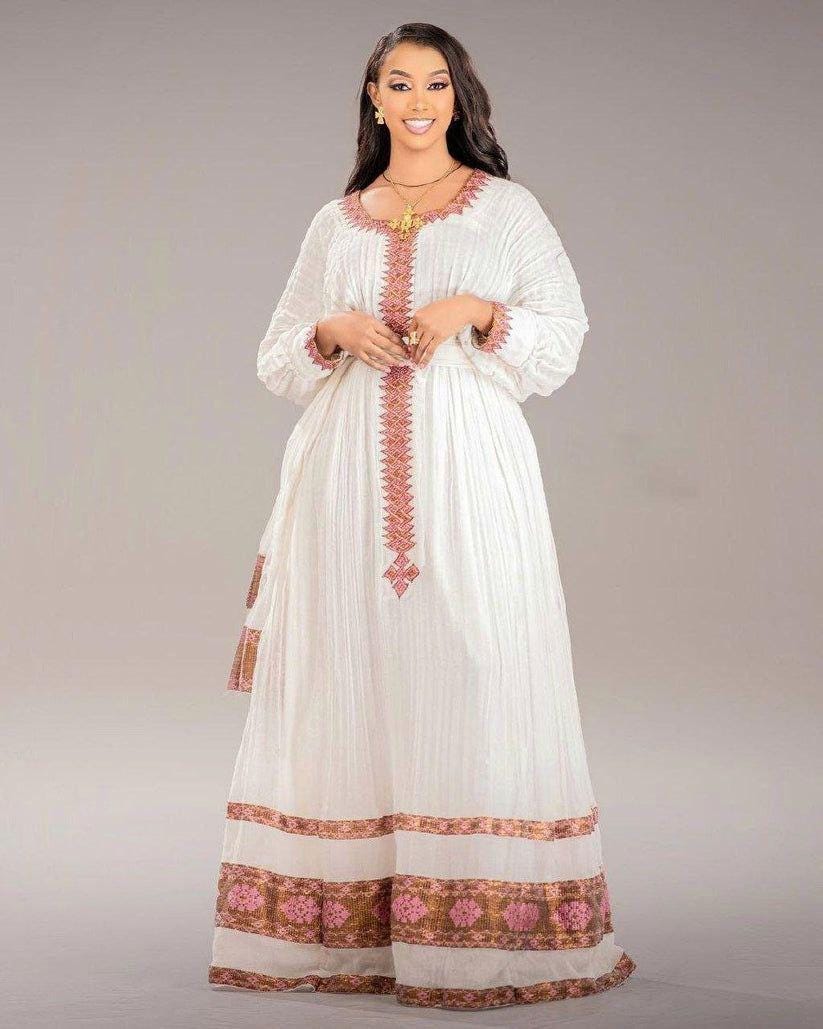Handmade Ethiopian Cotton Dress: Habesha Kemis, Traditional Embroidery