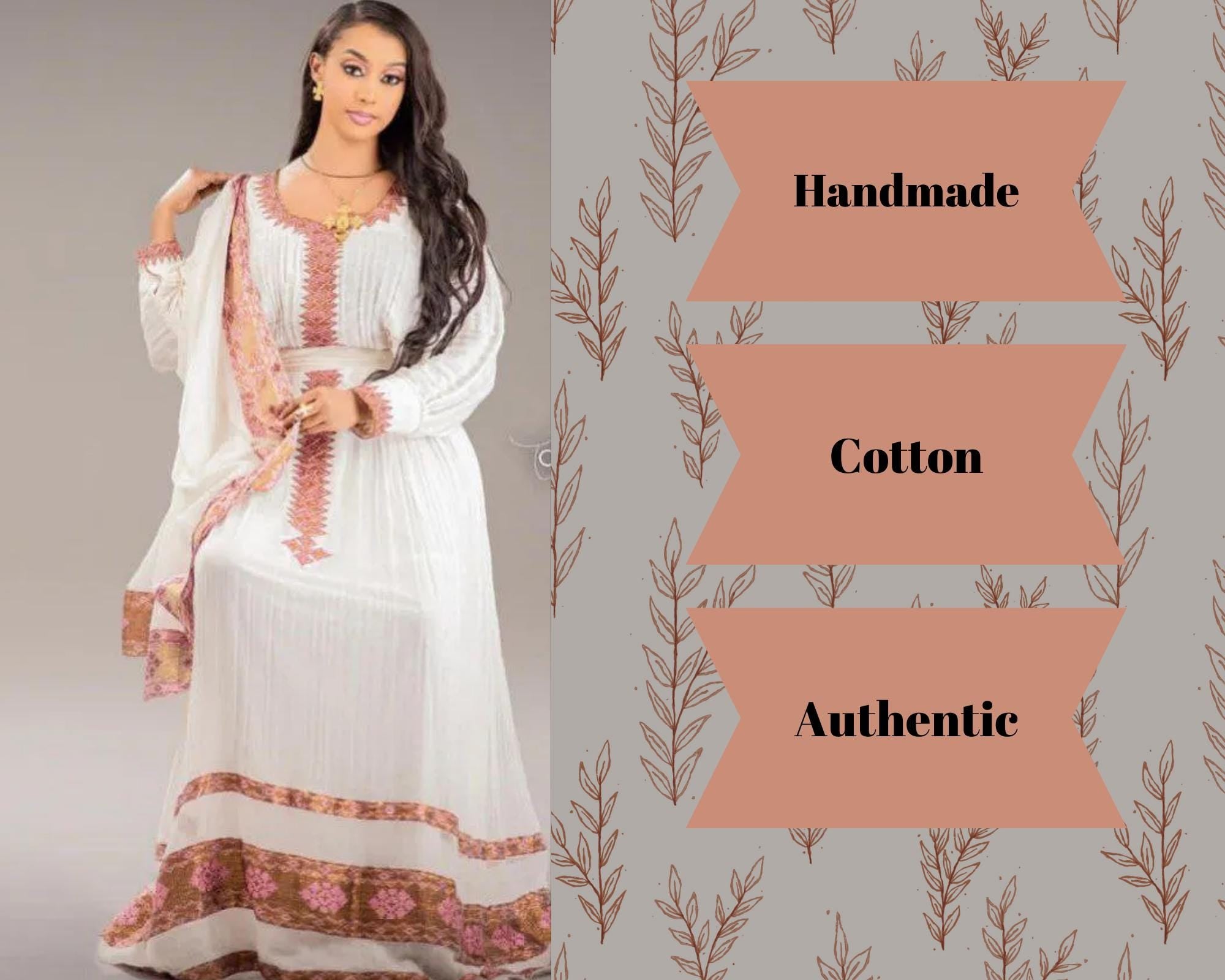 Handmade Ethiopian Cotton Dress: Habesha Kemis, Traditional Embroidery