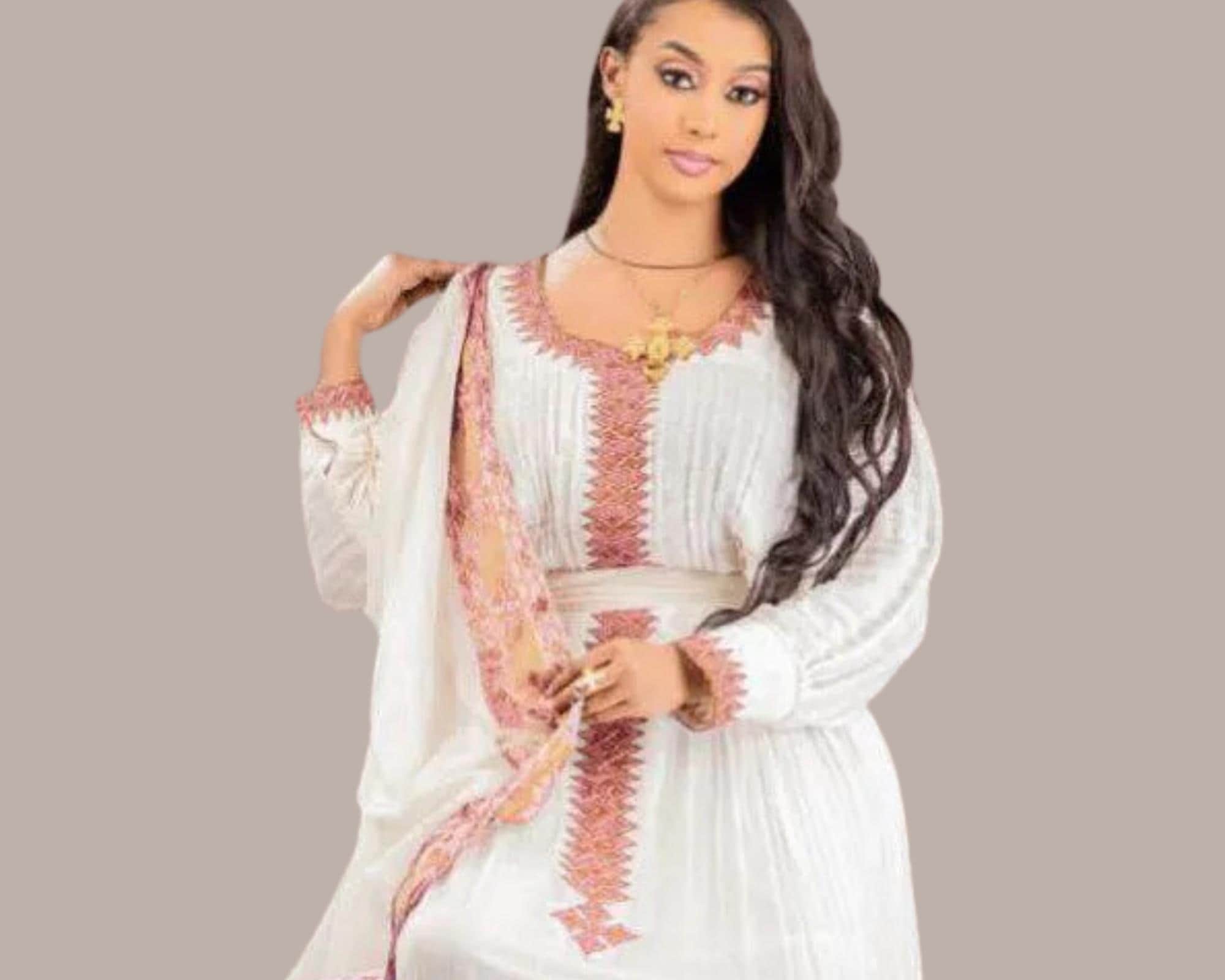 Handmade Ethiopian Cotton Dress: Habesha Kemis, Traditional Embroidery