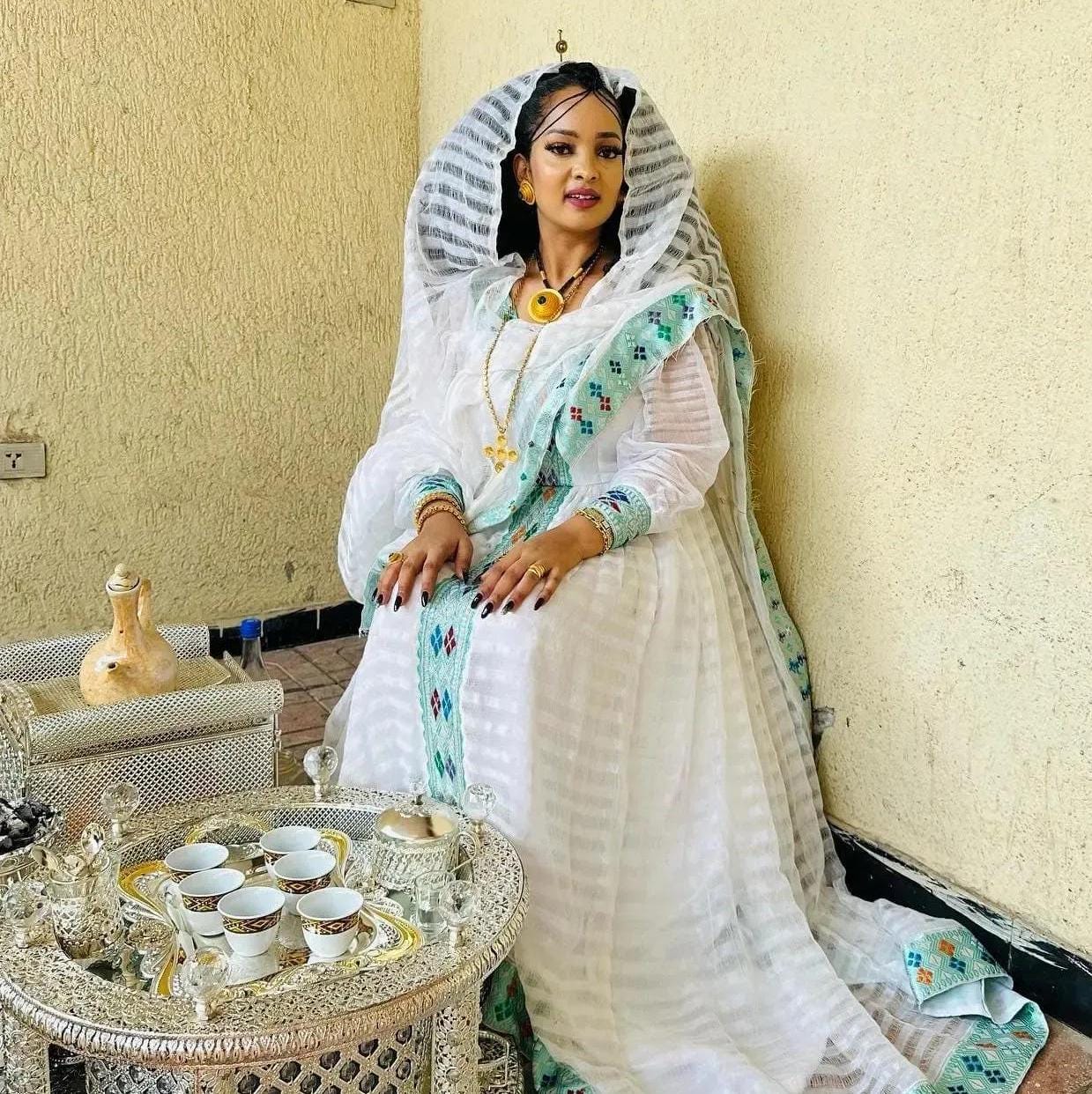Handwoven Cotton Habesha Kemis Dress: Ethiopian Eritrean Wedding