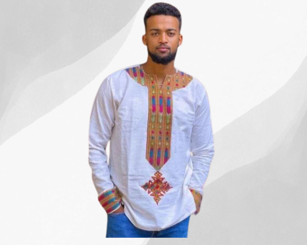 Habesha Men's Shirt, Ethiopian and Eritrean Embroidered Men's Traditional Top, Tilet Design, Handmade Wear