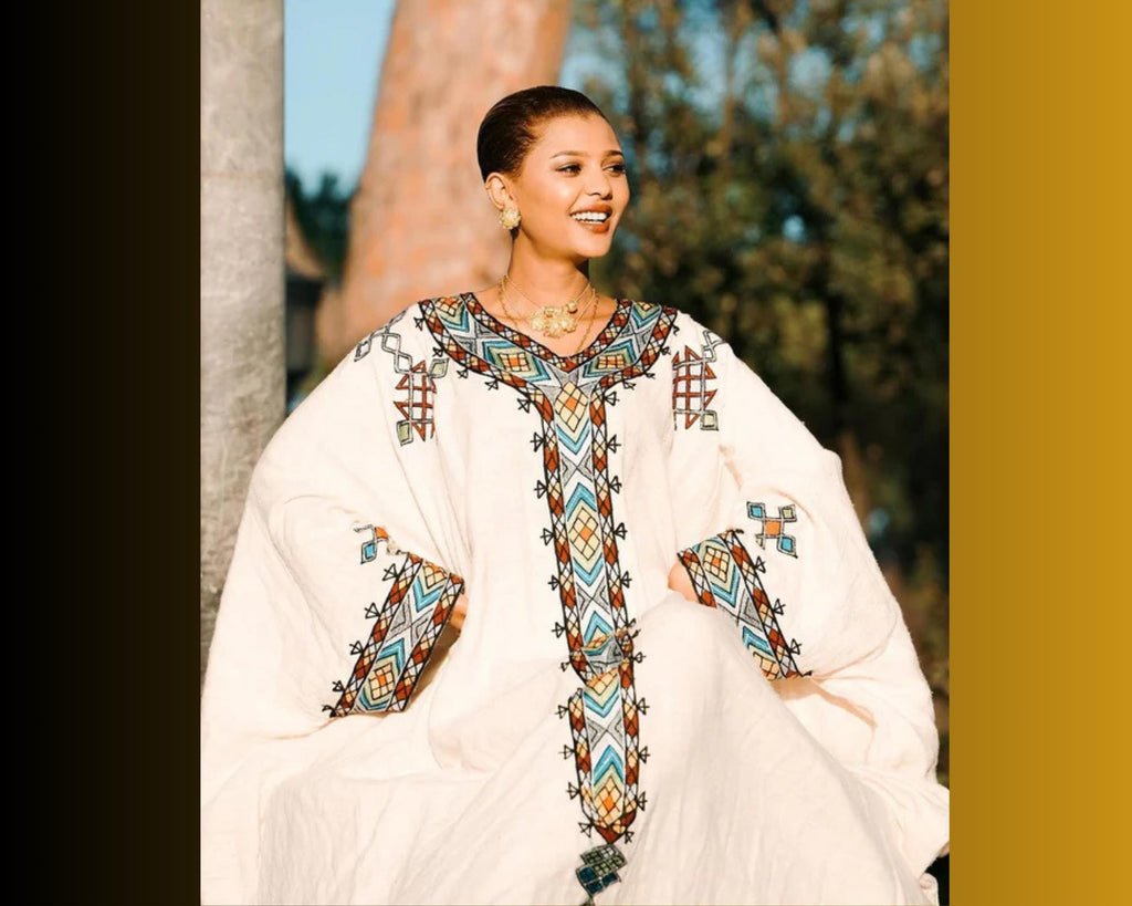 Handmade Freesize Habesha Kemis Embroidered Dress: Ethiopian & Eritrean Cotton Outfit for Women, Traditional Celebration Tilf, Tilet Details