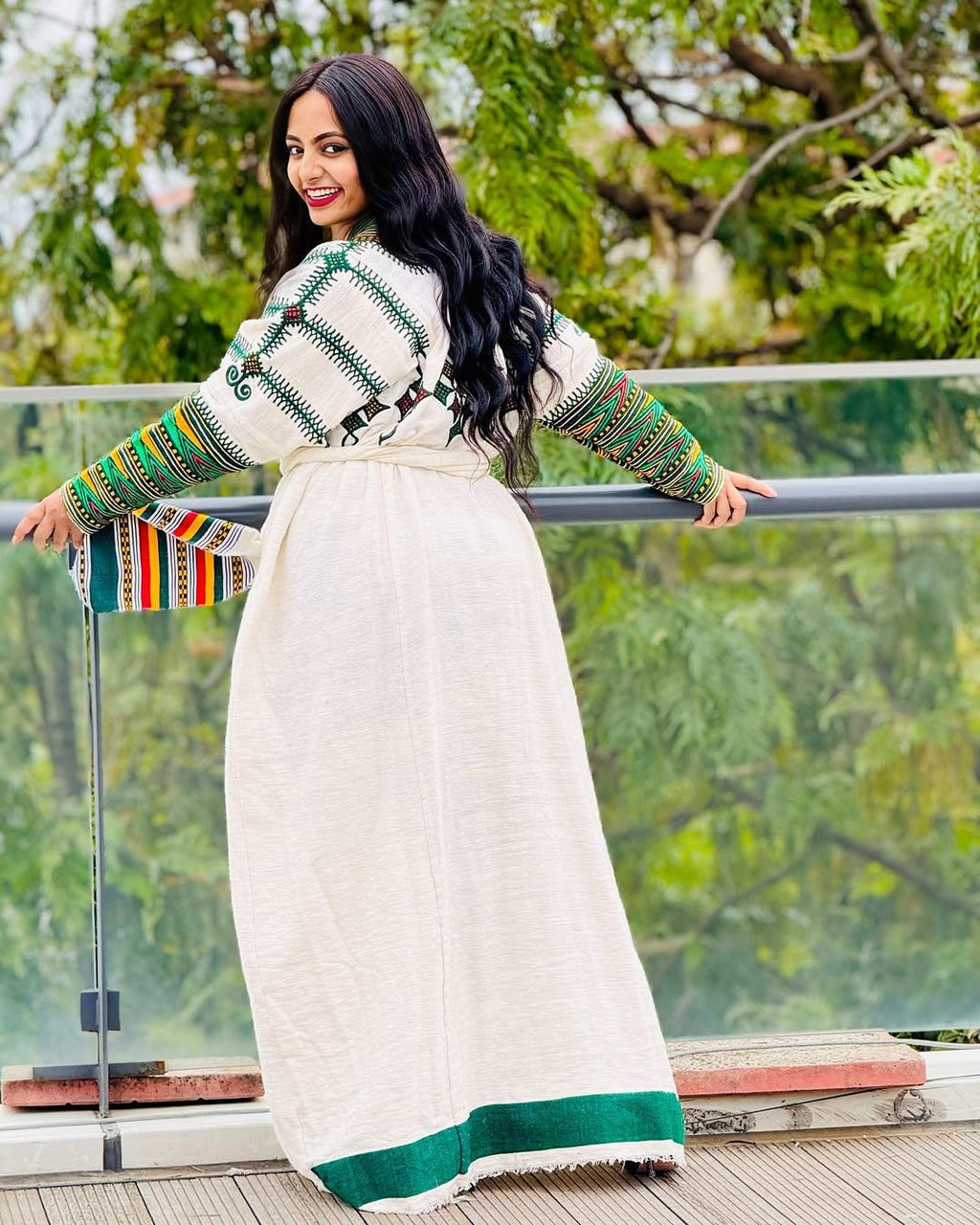 Handmade Habesha Kemis: Ethiopian Wedding Dress, Green Tilf Embroidery