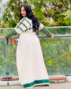 Handmade Habesha Kemis: Ethiopian Wedding Dress, Green Tilf Embroidery