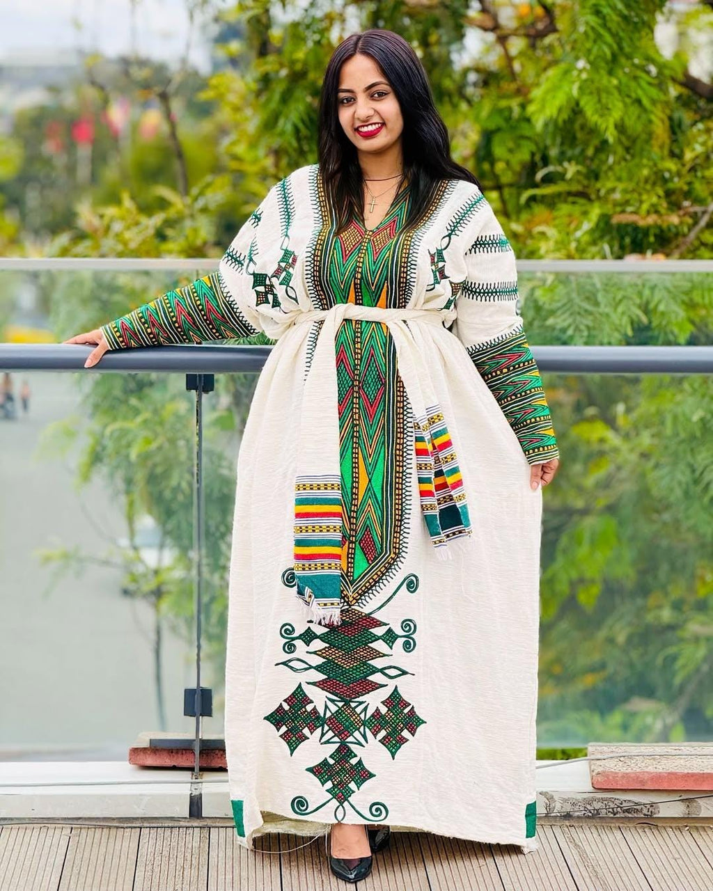 Handmade Habesha Kemis: Ethiopian Wedding Dress, Green Tilf Embroidery