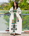 Handmade Habesha Kemis: Ethiopian Wedding Dress, Green Tilf Embroidery