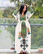 Handmade Habesha Kemis: Ethiopian Wedding Dress, Green Tilf Embroidery