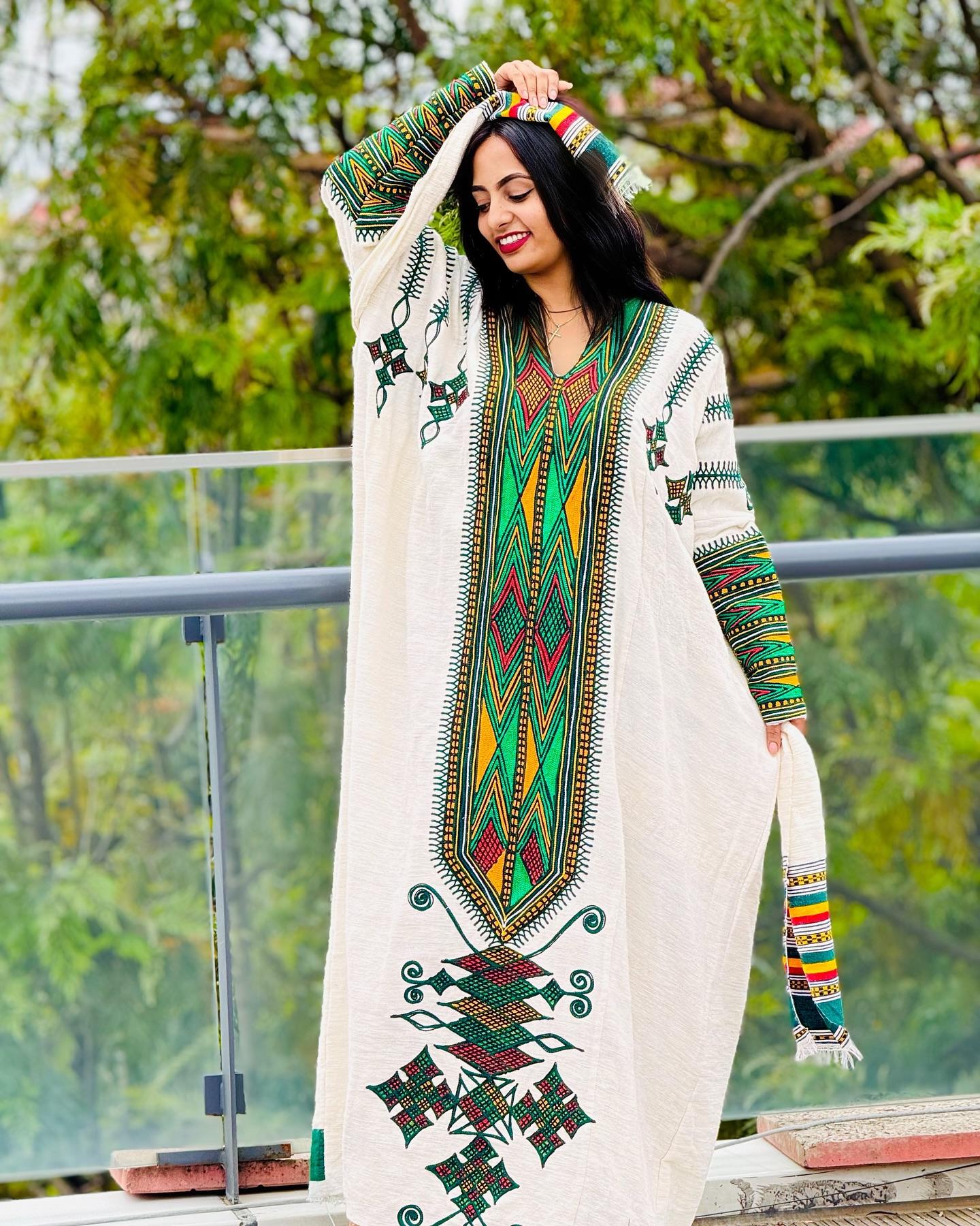Handmade Habesha Kemis: Ethiopian Wedding Dress, Green Tilf Embroidery