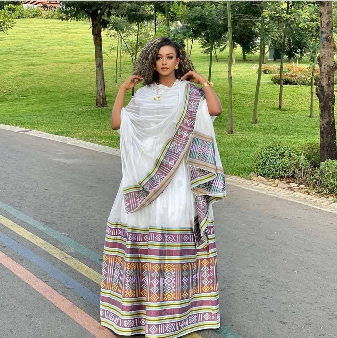 Handmade Lavender Habesha Kemis, Ethiopian and Eritrean Dress, handwoven cotton with elaborate embroidery