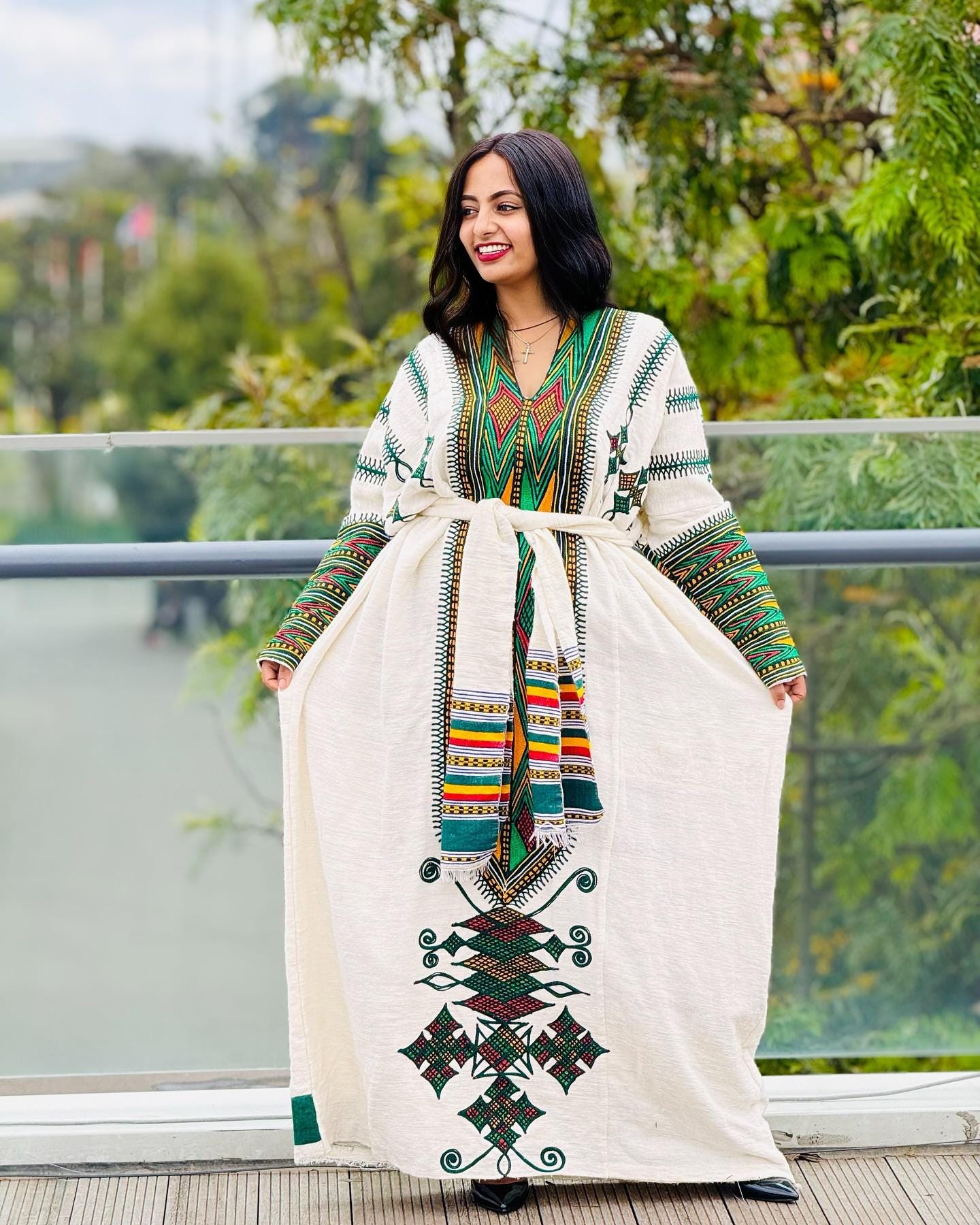 Handmade Habesha Kemis: Ethiopian Wedding Dress, Green Tilf Embroidery