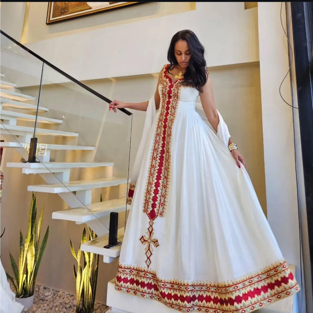 Handmade Habesha Kemis: Ethiopian Wedding Dress, Tibeb Embroidery