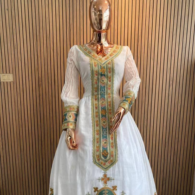Handmade Habesha Kemis: Ethiopian Wedding Dress with Tibeb Embroidery