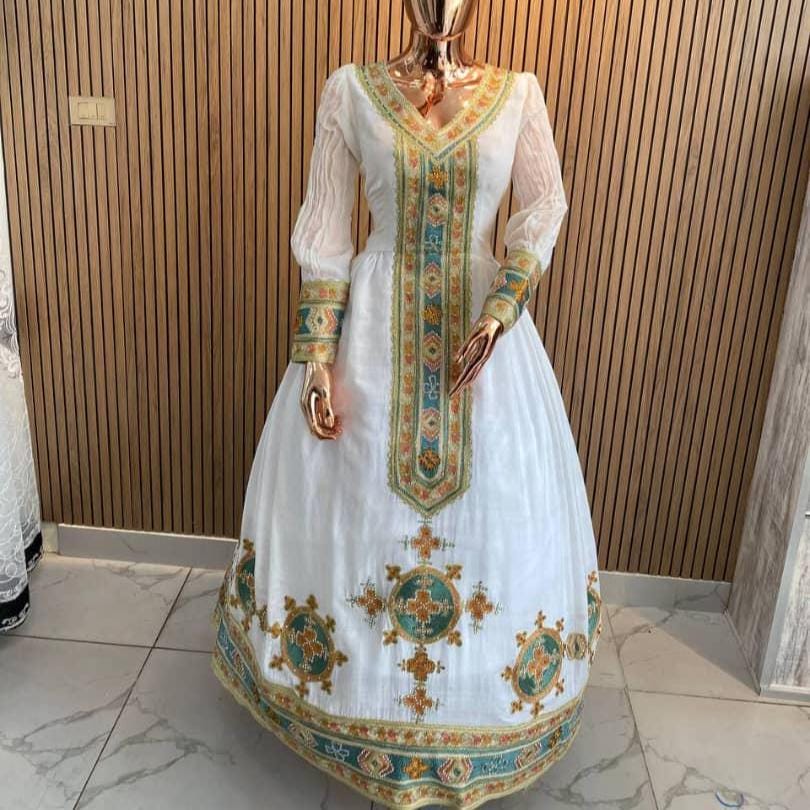 Handmade Habesha Kemis: Ethiopian Wedding Dress with Tibeb Embroidery