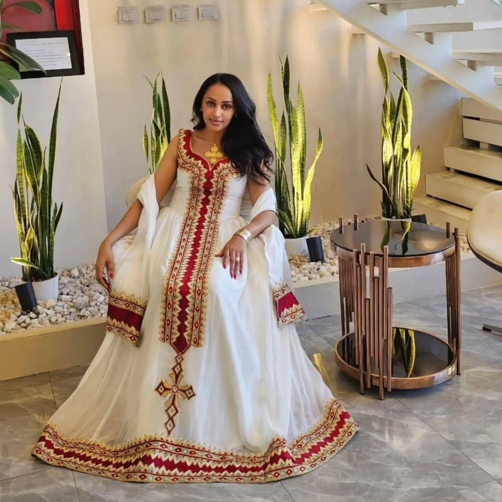 Handmade Habesha Kemis: Ethiopian Wedding Dress, Tibeb Embroidery