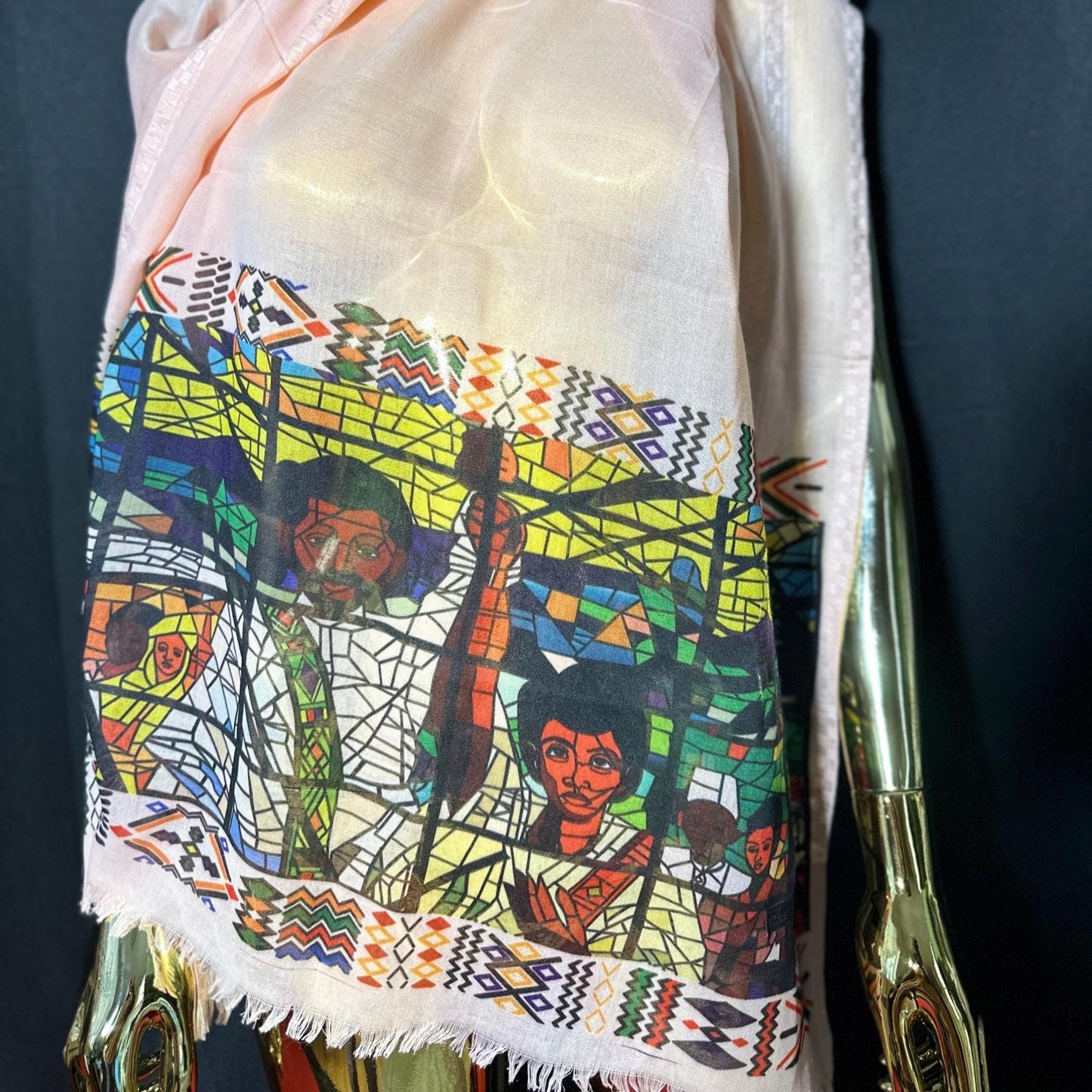 Ethiopian Art Scarf: Habesha Style Afewerk Tekle Print, Elegant Cotton Fashion for Women, Traditional Cultural Outfit, Celebration Accessory