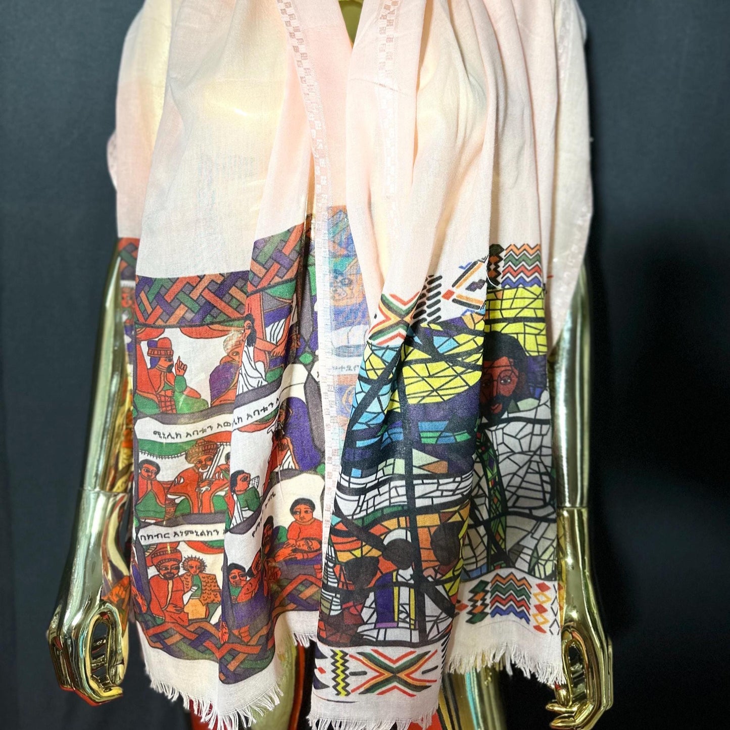 Ethiopian Art Scarf: Habesha Style Afewerk Tekle Print, Elegant Cotton Fashion for Women, Traditional Cultural Outfit, Celebration Accessory