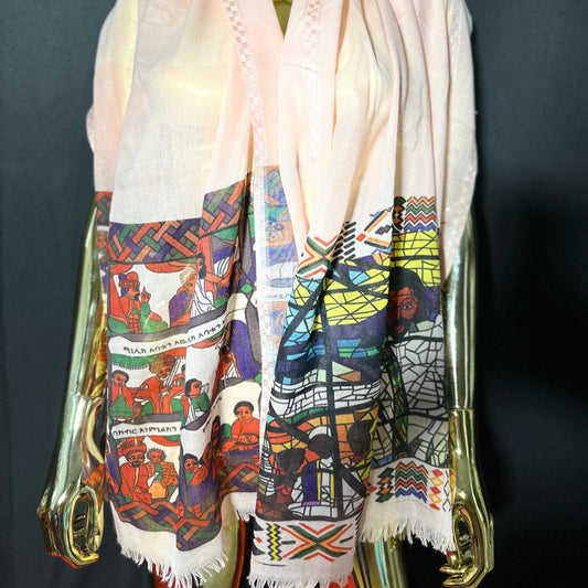 Ethiopian Art Scarf: Habesha Style Afewerk Tekle Print, Elegant Cotton Fashion for Women, Traditional Cultural Outfit, Celebration Accessory