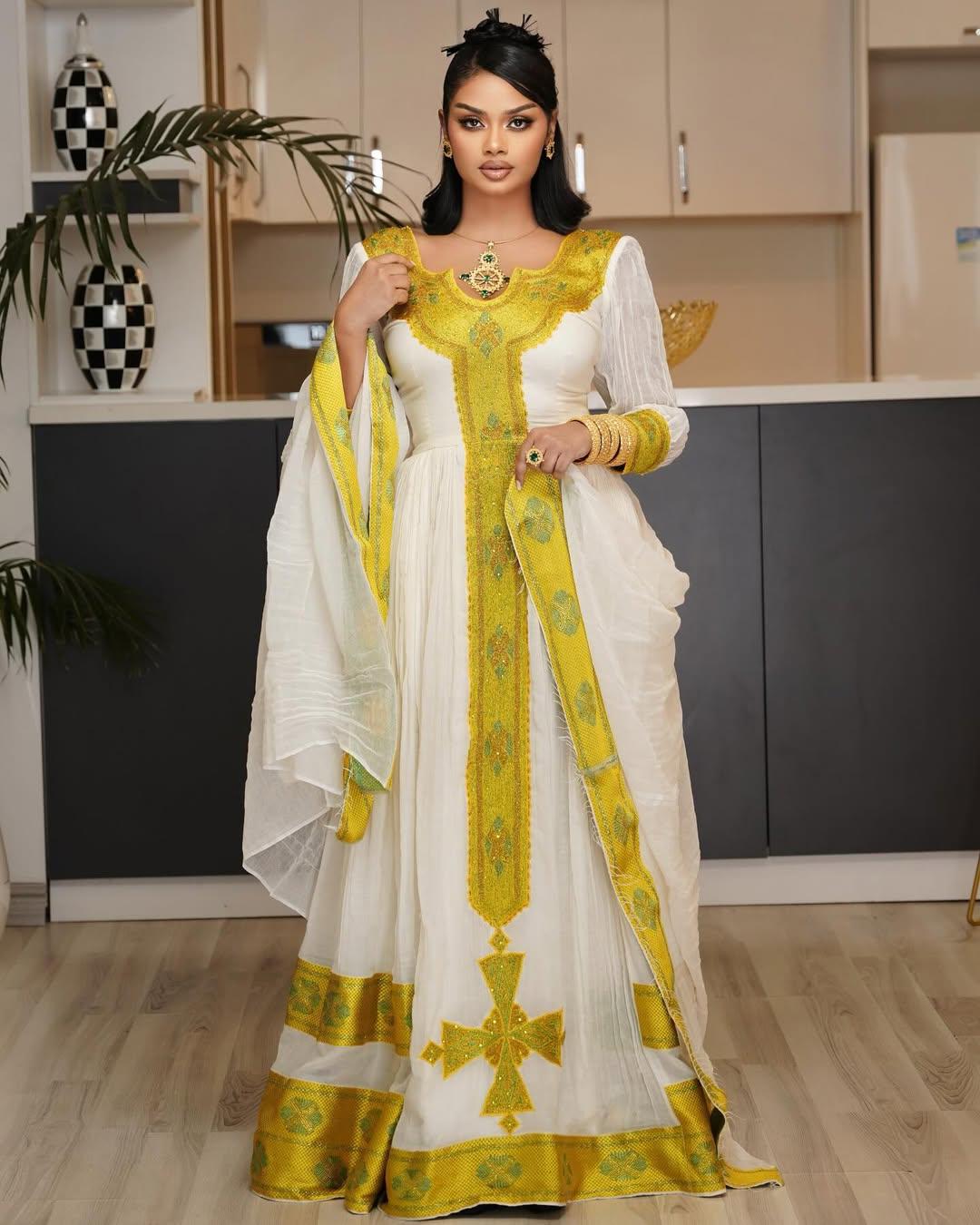 Handmade Gold Zuria Habesha Kemis: Luxury Ethiopian Wedding Attire, Elegant Women’s Traditional Outfit, Cultural Wear, Timeless Dress Style